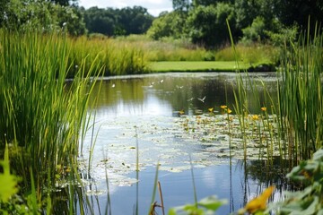 Reflection in calm pond with reeds