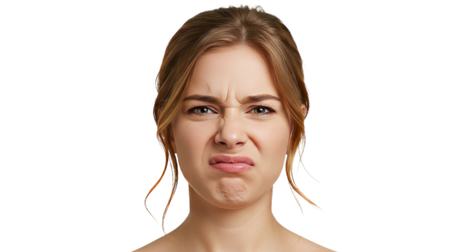 Young Woman with Disgusted Facial Expression Blonde Hair Closeup Portrait.