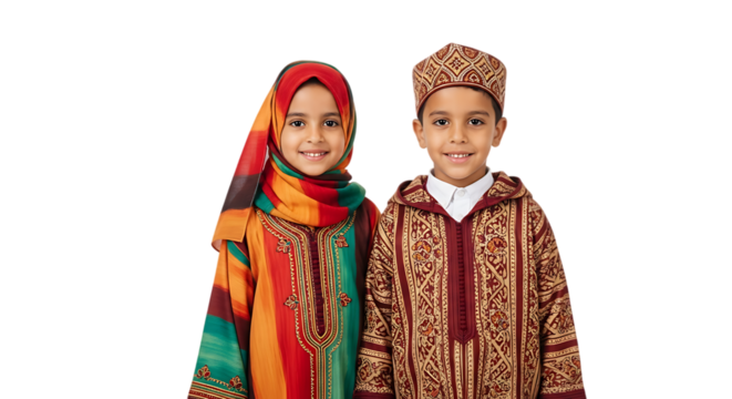 Smiling Arab Boy and Girl in Traditional Festive Clothes Isolated on Transparent Background Celebrating Islamic Eid Festival Happy Muslim Children
