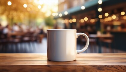 Obraz premium stylish coffee mug mockup on a rustic wooden table with a blurred cafe background