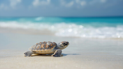 Small turtle crawling on sandy beach towards ocean