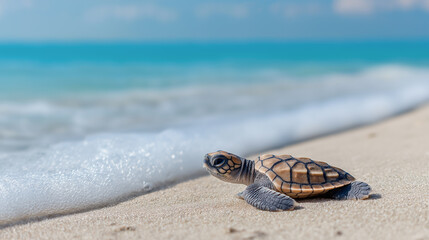 Small turtle crawling on sandy beach towards ocean