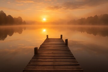 Naklejka premium Tranquil wooden pier extending into misty lake with dramatic sunrise reflection