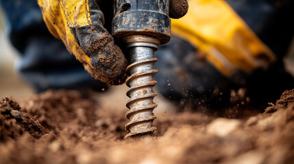 Construction worker operates an auger drill boring a hole in the earth for geothermal energy or well foundation. Groundwork and geo exploration activities preparing site for drilling project.

