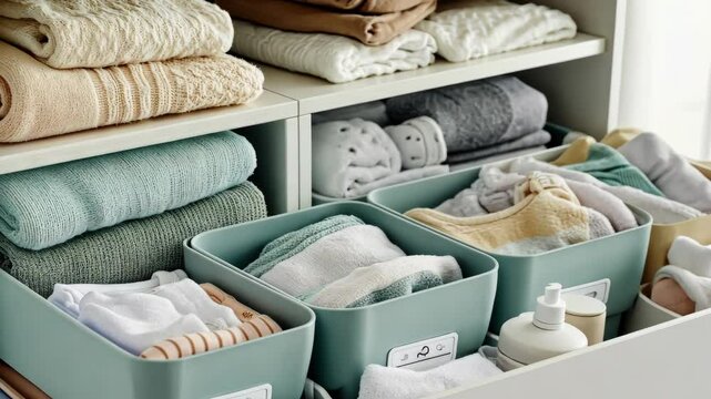 Organized linen closet with folded towels and storage bins in a cozy home setting