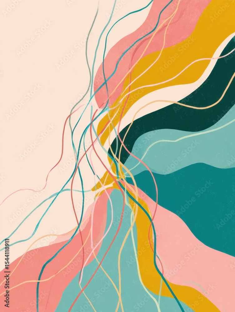Poster Flowing Abstract Lines Create a Serene Composition Suggesting Neural Connections Against a Calm Pastel Background