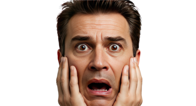 Mans WideEyed Fearful Expression CloseUp.