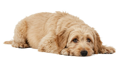 Cute Dog Lying Down Looking Sad Isolated on White