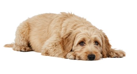 Cute Dog Lying Down Looking Sad Isolated on White