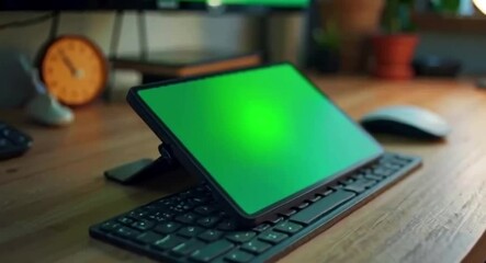 Tablet with detachable keyboard displaying green screen in modern workspace - Powered by Adobe