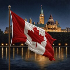 Canadian flag with parliament building at night for national pride and patriotic events, travel and tourism promotion