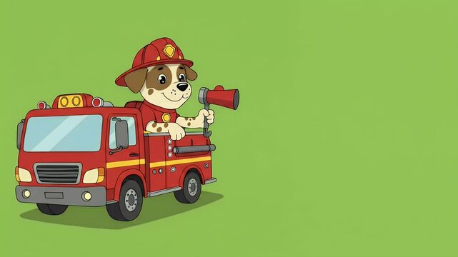 Cartoon dog firefighter in firetruck illustration