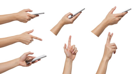 Multiple Hand Gestures Holding and Pointing at a Smartphone on White.