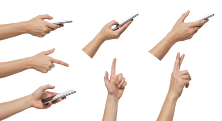 Multiple Hand Gestures Holding and Pointing at a Smartphone on White.