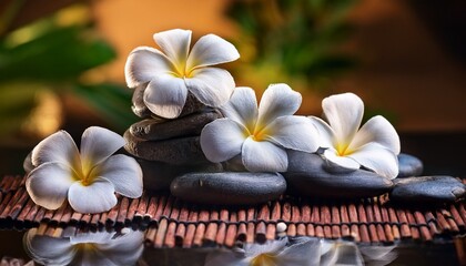 Fototapeta premium spa still life with stones and white frangipani flowers