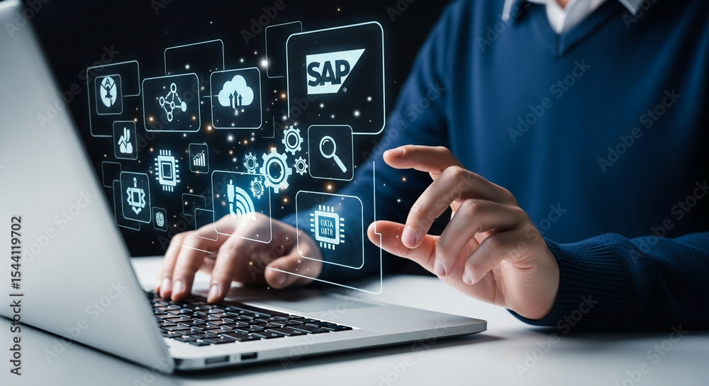 Poster person using laptop with floating digital icons and sap logo for business applications shown above