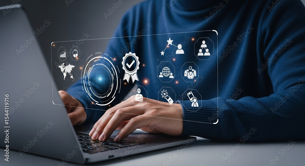 Poster Person using laptop with digital interface displaying quality assurance and business analytics icons