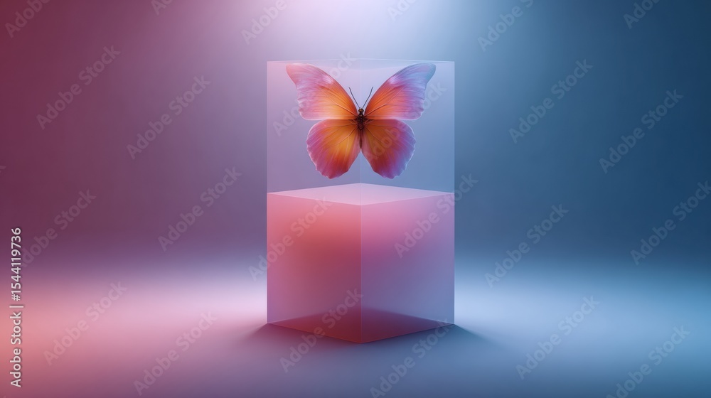 Aufkleber Transformation of a Butterfly Emerging From a Cube Surrounded by Soft Light in a Surreal Environment