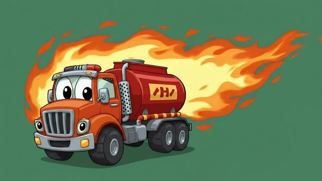 Cartoon fire truck on fire graphic illustration