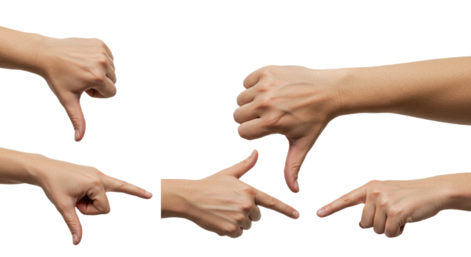 Multiple Human Hands Gesturing Downward on White Background.