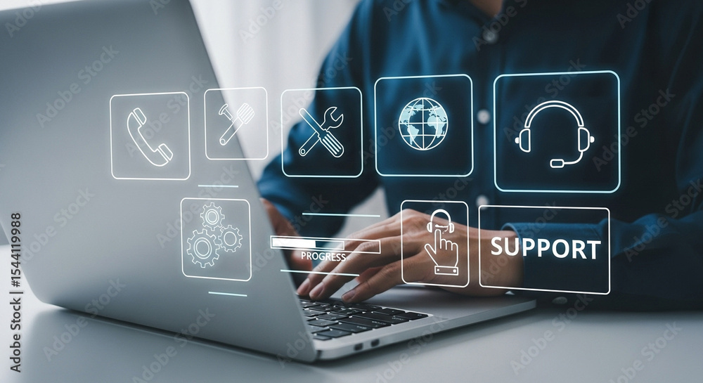 Aufkleber a person using a laptop with support icons displayed on the screen showing technical assistance opti