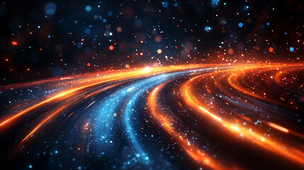 Dynamic light streaks create a vibrant, futuristic background symbolizing technology and innovation. Digital art concept highlights speed, connectivity, and modern digital transformation in a sleek de