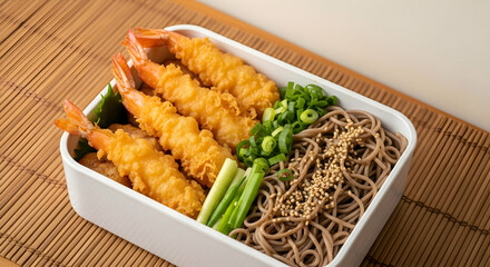Delicious Tempura Shrimp Soba Noodle Bento Box