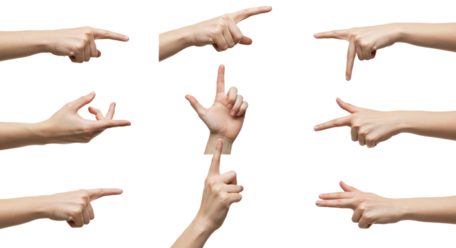 Nine Diverse Hand Gestures Pointing Framing and Indicating.