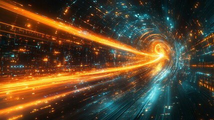 Dynamic light streaks create a vibrant, futuristic background symbolizing technology and innovation. Digital art concept highlights speed, connectivity, and modern digital transformation in a sleek de