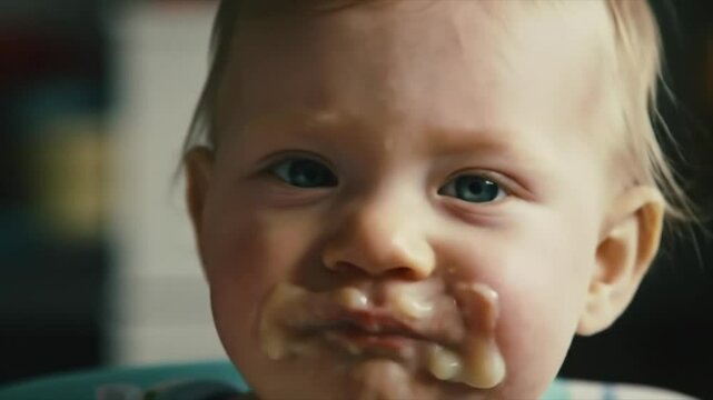 A Caucasian baby happily explores a bowl of cereal, creating a delightful mess on the face while seated in a high chair at home. Laughter fills the air during this playful moment