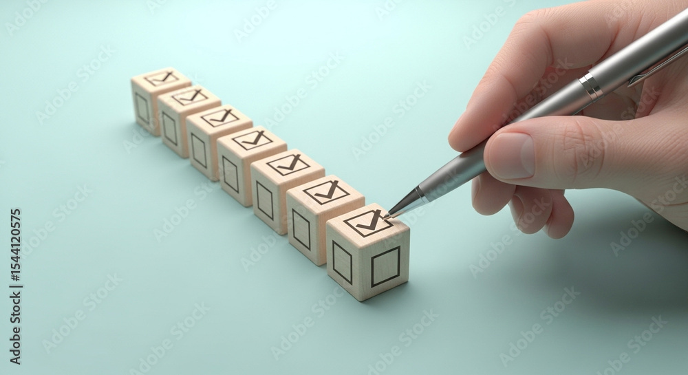 Aufkleber A hand using a pen to check off boxes with checkmarks on wooden blocks in a row on a light blue surface