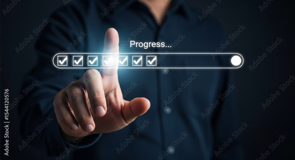 Poster Man pointing at progress bar with checkmarks indicating completed tasks on a dark background