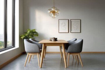 Dining area with table, chairs, and lighting fixture for interior design and home decor visualization