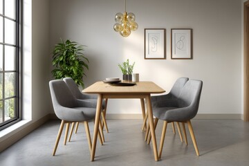 Dining room setup with table, chairs, and decor for interior design and home staging use cases