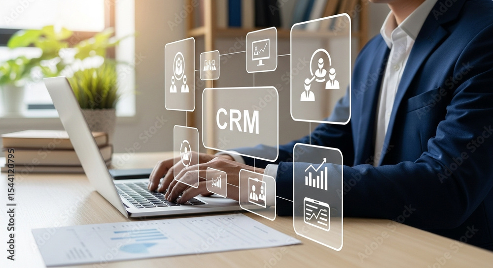 Poster Businessman using laptop with crm interface and data analytics icons overlaying the screen at desk