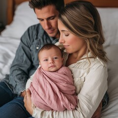 Family portrait of parents with newborn baby wrapped in pink cloth for family, parenting, and baby product marketing use cases