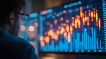 Investor analyzing a financial chart at night