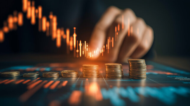 Investor analyzing financial chart with coins