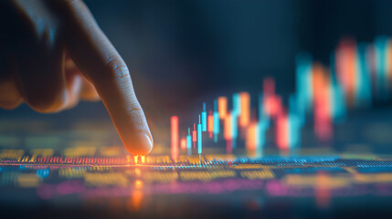 Investor analyzing financial chart with finger