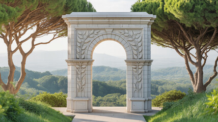 Fototapeta premium Beautiful stone arch stands among lush greenery with a breathtaking mountain background under clear skies