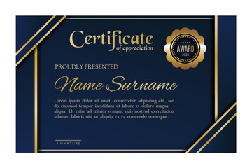 Elegant Certificate of Appreciation Template with Blue and Gold Design