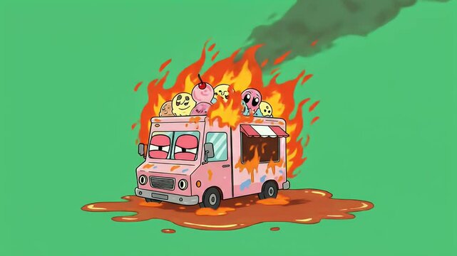 Cartoon ice cream truck burning in flames