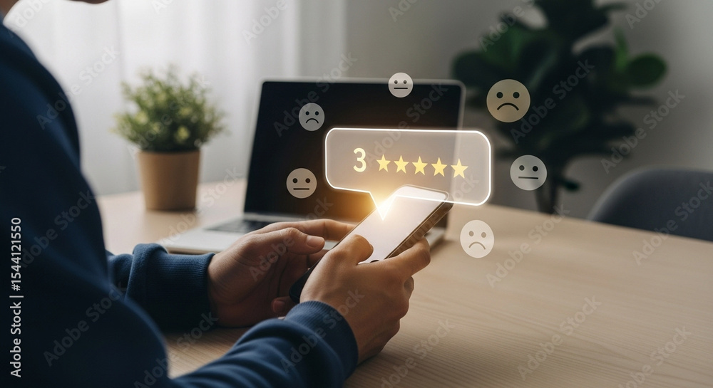 Poster person using smartphone with a rating bubble showing three stars and sad face emojis floating around