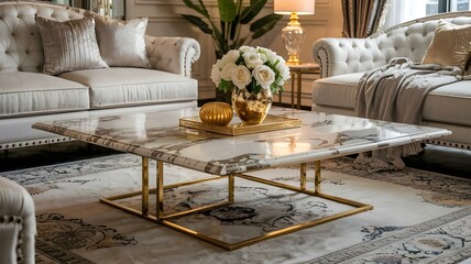 Luxurious Living Room: Elegant White Rose Bouquet on Marble Coffee Table with Gold Accents in a Sophisticated Interior Design