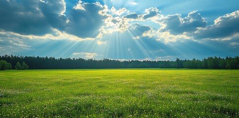 Bright Sunlight Rays Breaking Through Cloud Cover Over Green Field Under Blue Sky