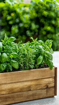 Fresh basil leaves in wooden planter: vibrant growth and lush greenery