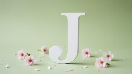 White letter J surrounded by delicate pink flowers on a soft green background during springtime