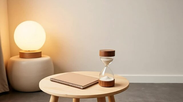 Serene Home Office Setup Featuring Hourglass Lamp Notebook Minimalist Design