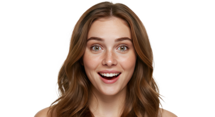 Surprised Woman with Auburn Hair and Freckles on White Background.