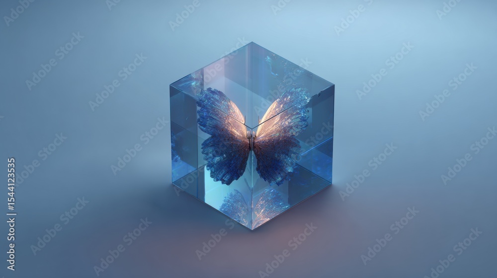 Poster Transformation of a Butterfly Emerging From a Crystal Cube in a Serene Environment Capturing the Essence of Change and Rebirth